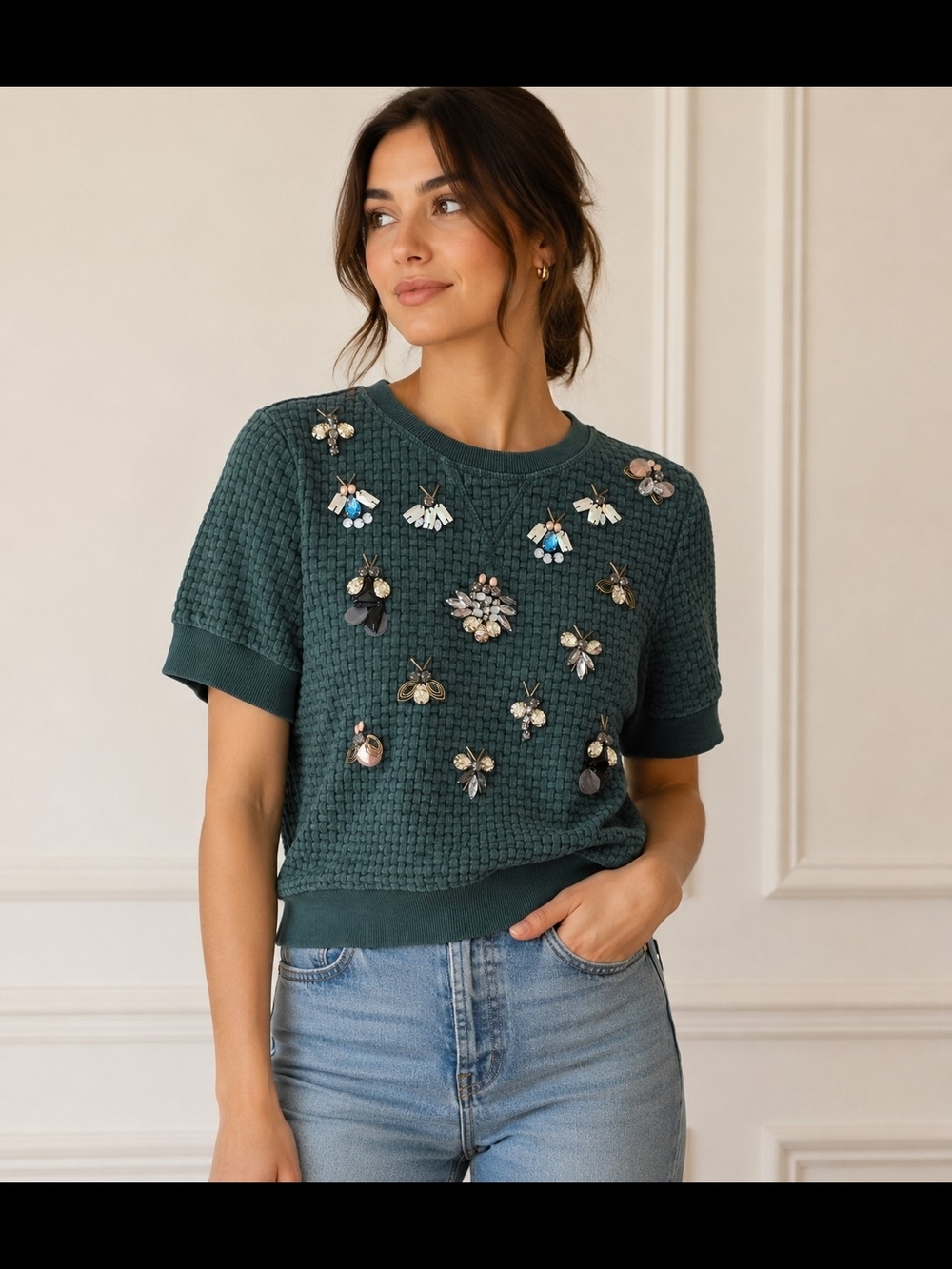 Banana Republic Textured Embellished Short Sleeve Sweater 100% Cotton